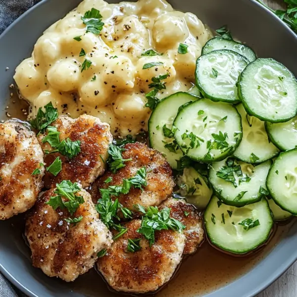 Fleischbällchen mit Gurkensalat und Kartoffelstampf