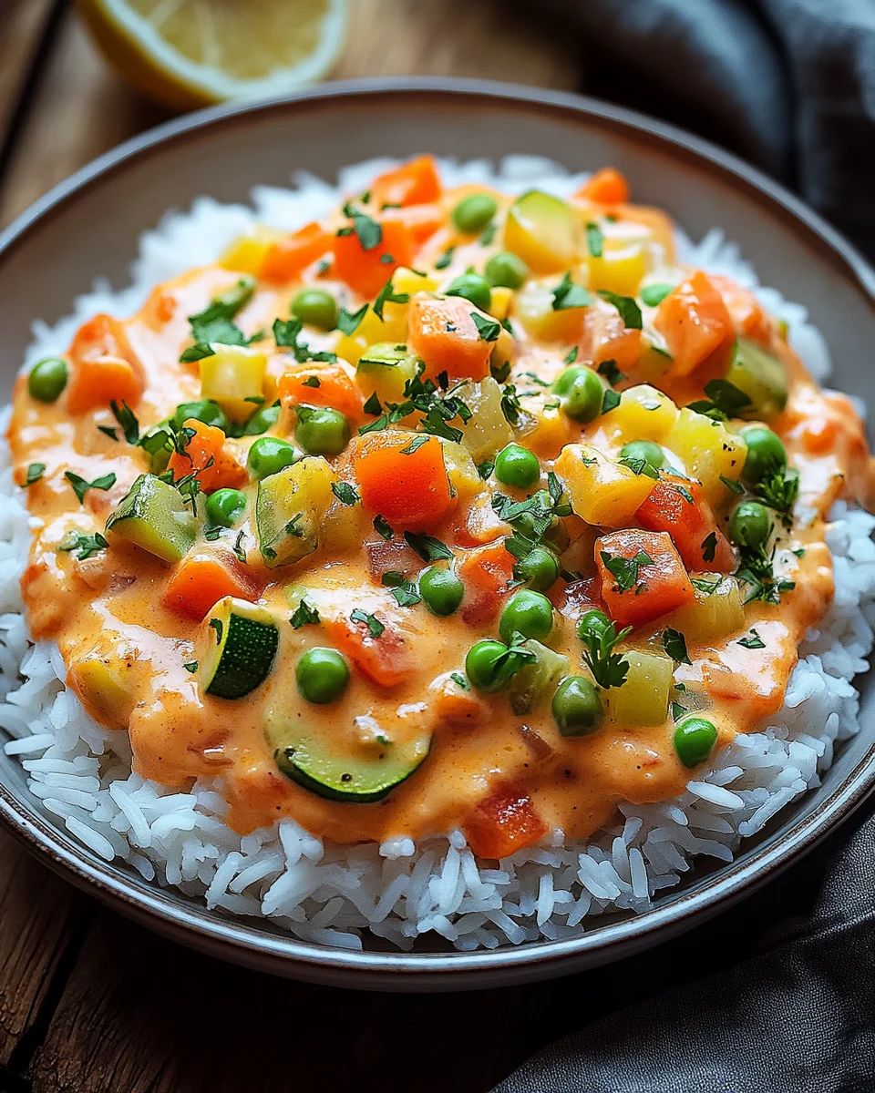 Reis mit Gem&uuml;se-Frischk&auml;se-Sauce