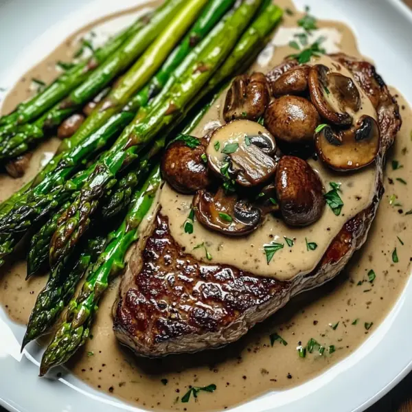Ribeye Steak with Creamy Mushroom Sauce and Asparagus