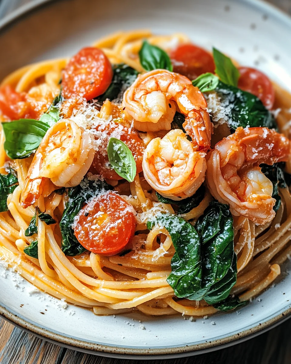 Tomate-Spinat-Garnelen-Nudeln