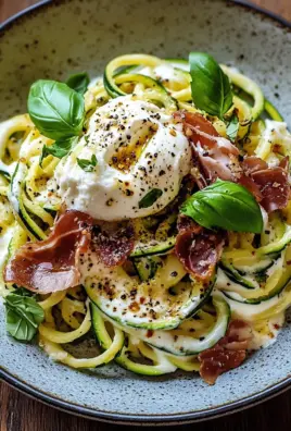 Zucchini Carbonara mit knusprigem Prosciutto und Burrata