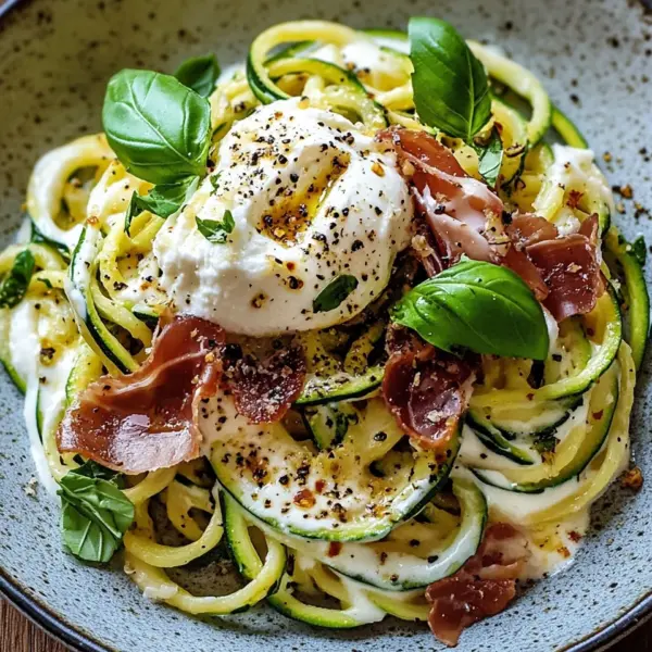 Zucchini Carbonara mit knusprigem Prosciutto und Burrata