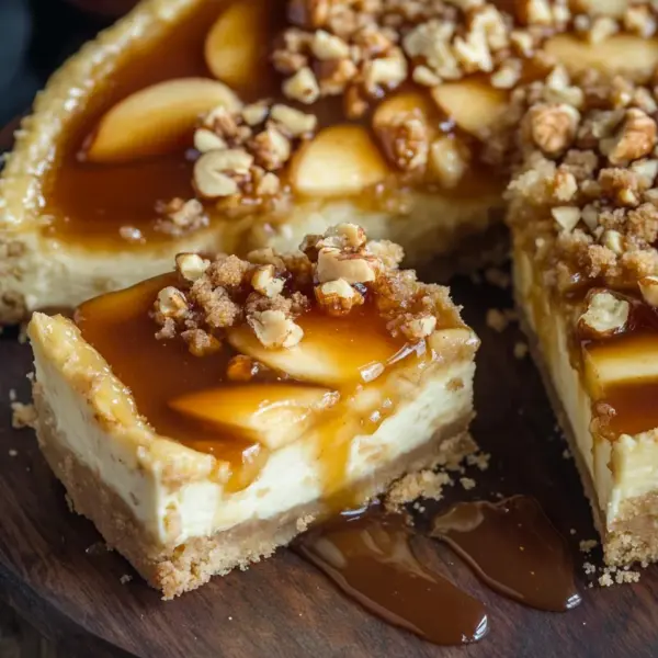 Apfel-Cheesecake mit Walnuss-Streuseln und Karamellsauce