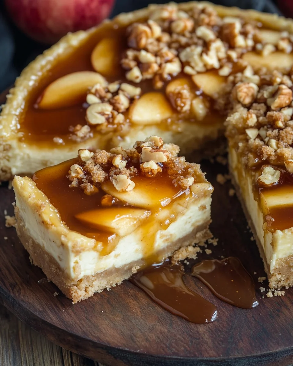 Apfel-Cheesecake mit Walnuss-Streuseln und Karamellsauce