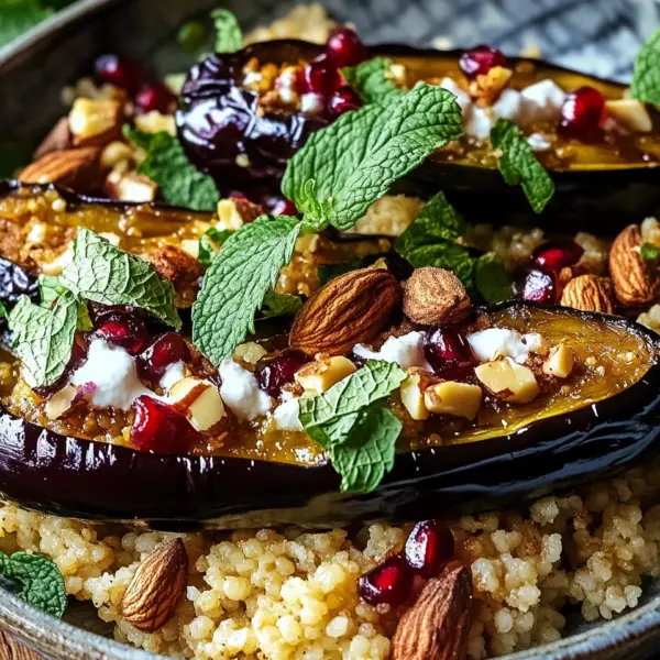 Auberginen mit Dattel-Mandel-Couscous und Minze