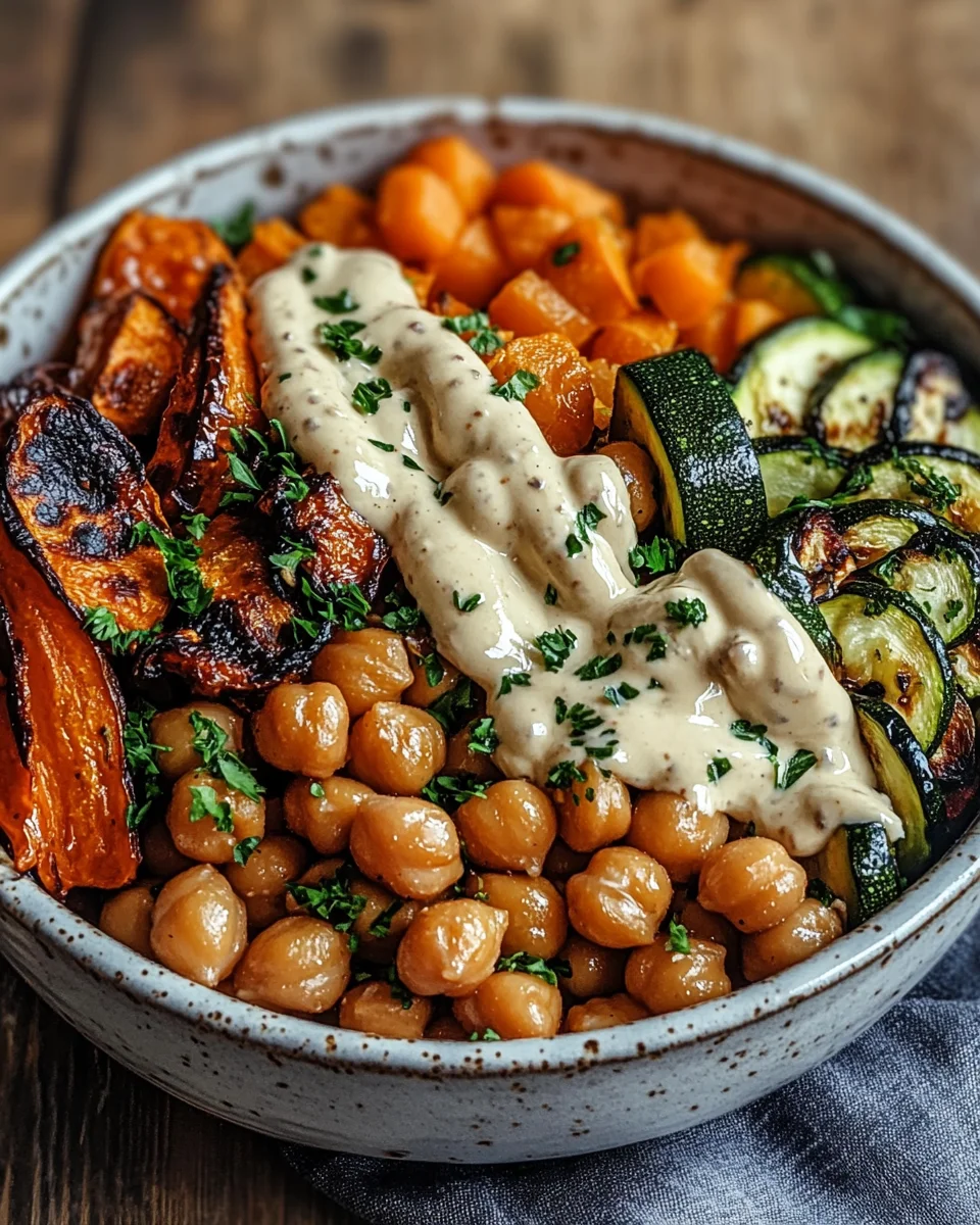 Bowl mit geröstetem Gemüse und Kichererbsen mit Tahini-Dressing 20 Bowl
