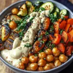 Bowl mit ger&ouml;stetem Gem&uuml;se und Kichererbsen mit Tahini-Dressing