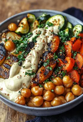 Bowl mit geröstetem Gemüse und Kichererbsen mit Tahini-Dressing