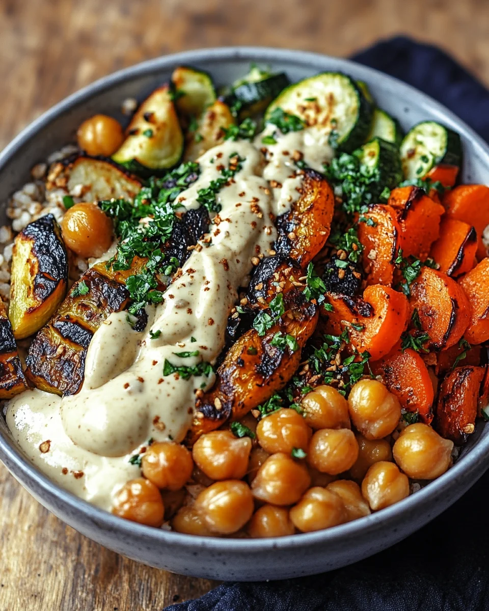 Bowl mit geröstetem Gemüse und Kichererbsen mit Tahini-Dressing 22 Bowl mit geröstetem Gemüse und Kichererbsen mit Tahini-Dressing