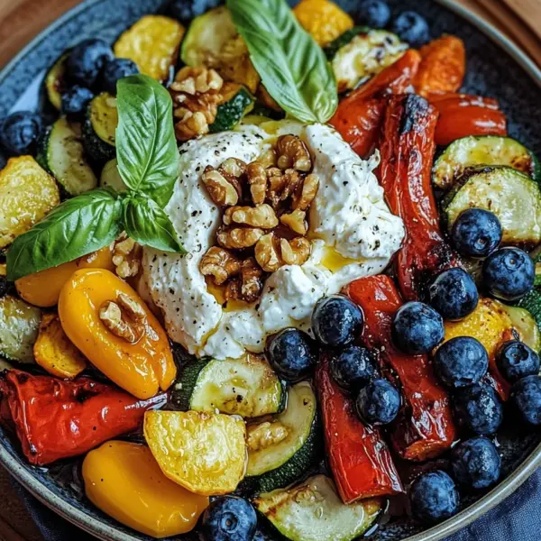 Burrata-Salat mit Ofengemüse und Blaubeeren