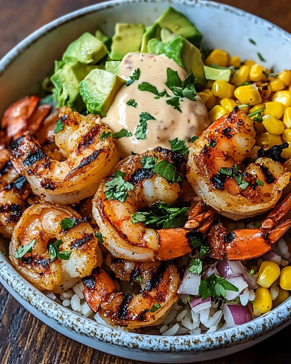 Gegrillte Garnelen Bowl mit Avocado Mais-Salsa & Cremiger Sauce 31 Gegrillte