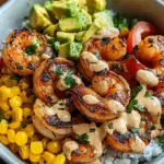 Gegrillte Garnelen Bowl mit Avocado Mais-Salsa & Cremiger Sauce