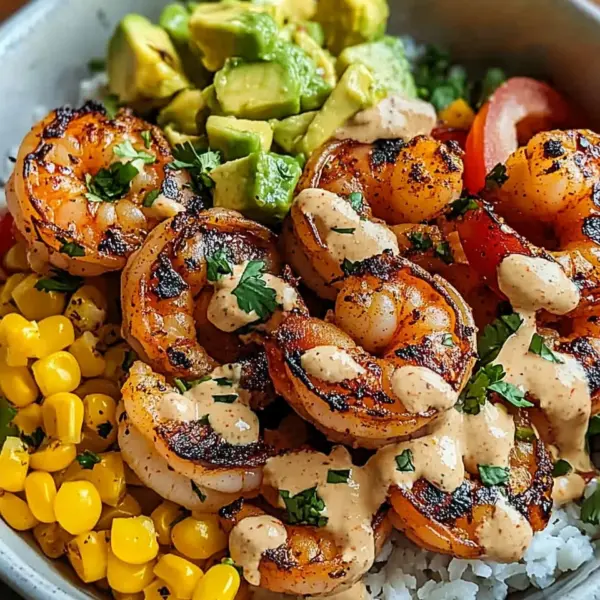 Gegrillte Garnelen Bowl mit Avocado Mais-Salsa & Cremiger Sauce