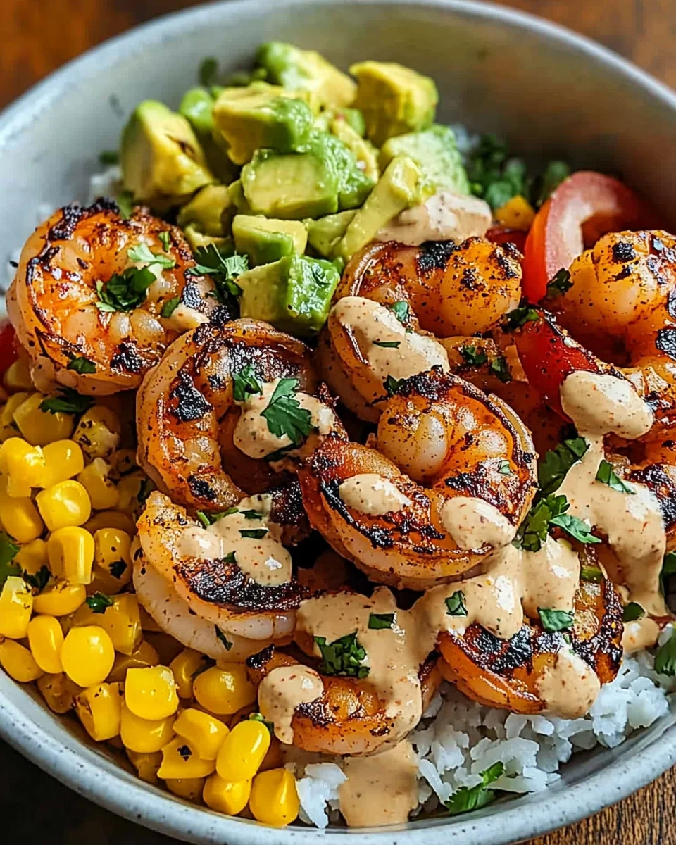 Gegrillte Garnelen Bowl mit Avocado Mais-Salsa & Cremiger Sauce 33 Gegrillte Garnelen Bowl mit Avocado Mais-Salsa & Cremiger Sauce