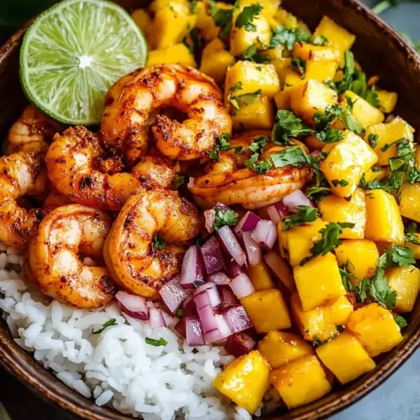 Pikante Garnelen und Mango Salsa Reisbowl