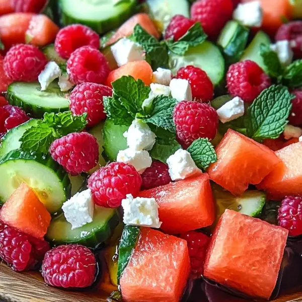 Sommersalat mit Melone, Gurke und Himbeeren