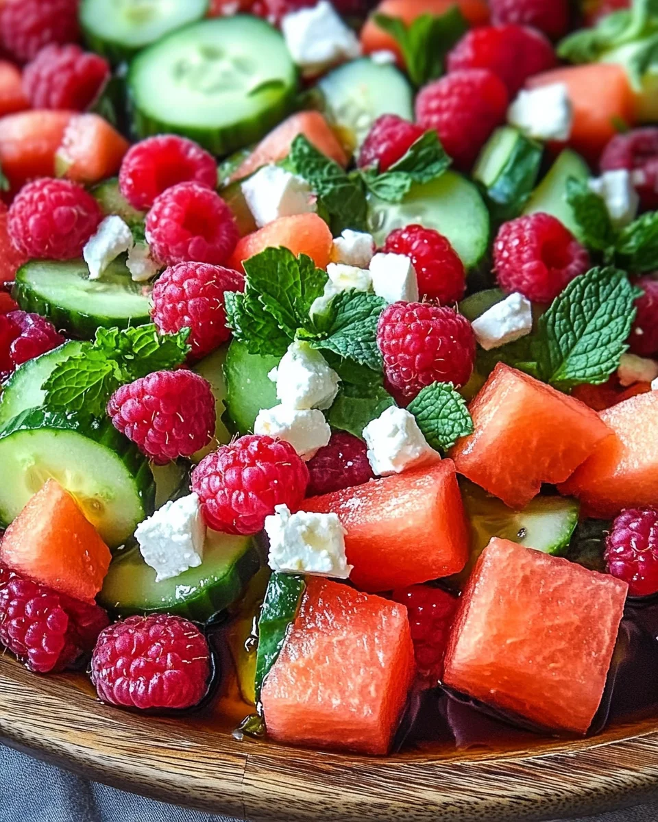 Sommersalat mit Melone, Gurke und Himbeeren