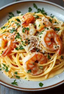 Spaghetti mit Garnelen in Knoblauch-Sahnesauce