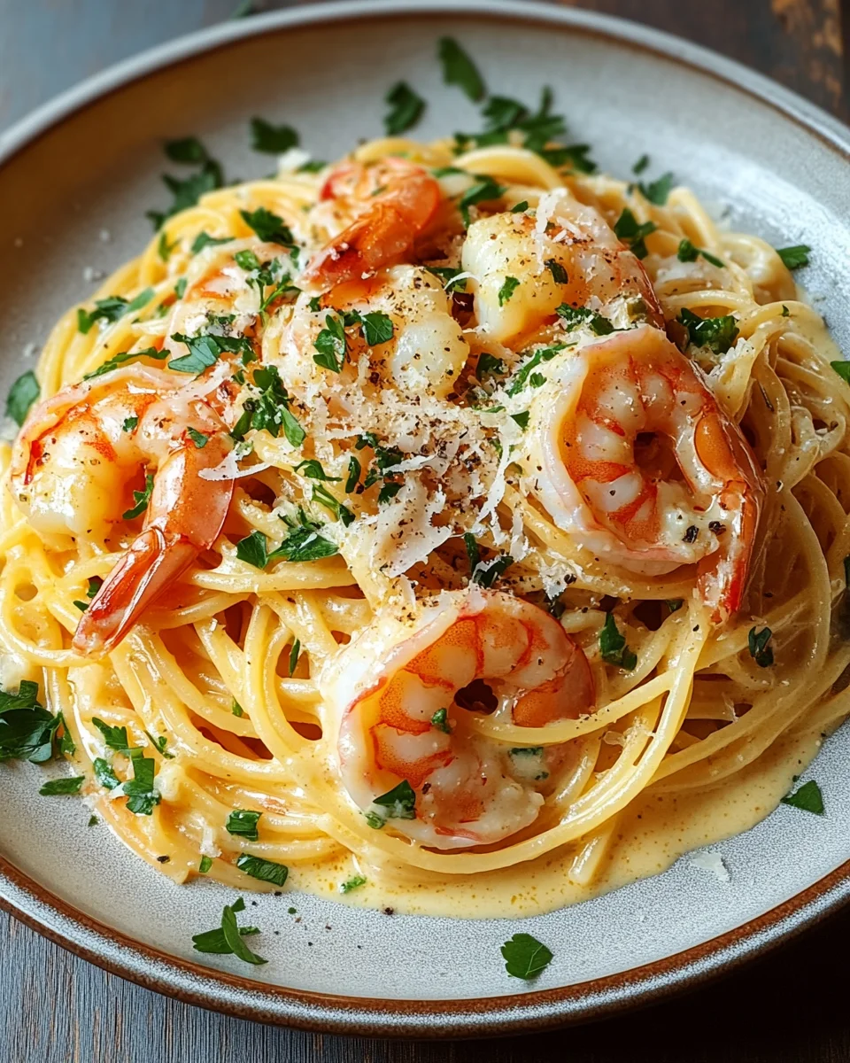 Spaghetti mit Garnelen in Knoblauch-Sahnesauce