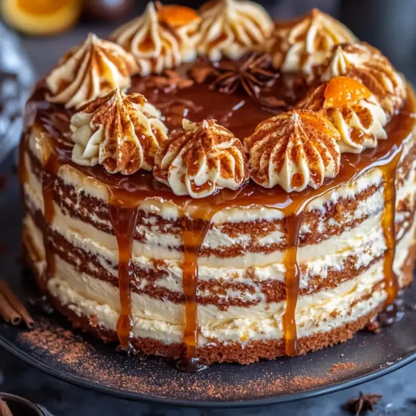 Bratapfeltorte mit Orangen-Zimt-Creme und Karamell-Drip