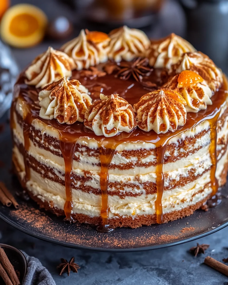 Bratapfeltorte mit Orangen-Zimt-Creme und Karamell-Drip