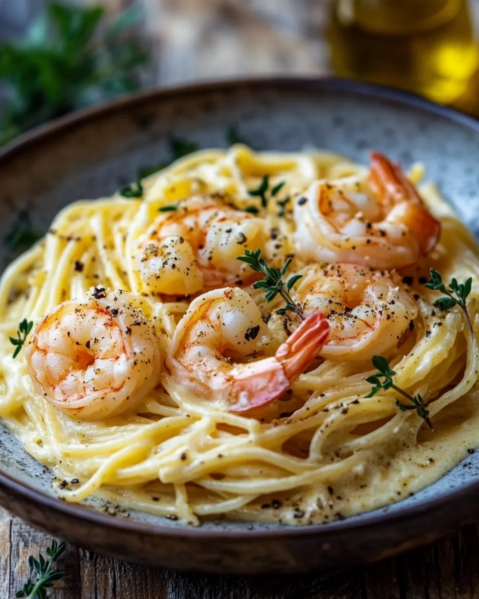 Spaghetti mit Garnelen in Frischk&auml;sesauce