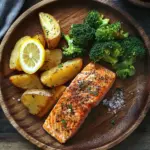 Zitronenbutterlachs mit knusprigen Kartoffeln und Brokkoli